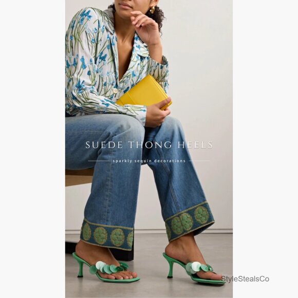 Suede Sequin Kitten Heels Strappy Thong Slide Sandals Party Mules - Picture 7 of 7